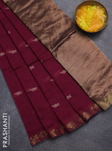 Bengal soft cotton saree dark magenta pink with thread woven buttas and zari woven border