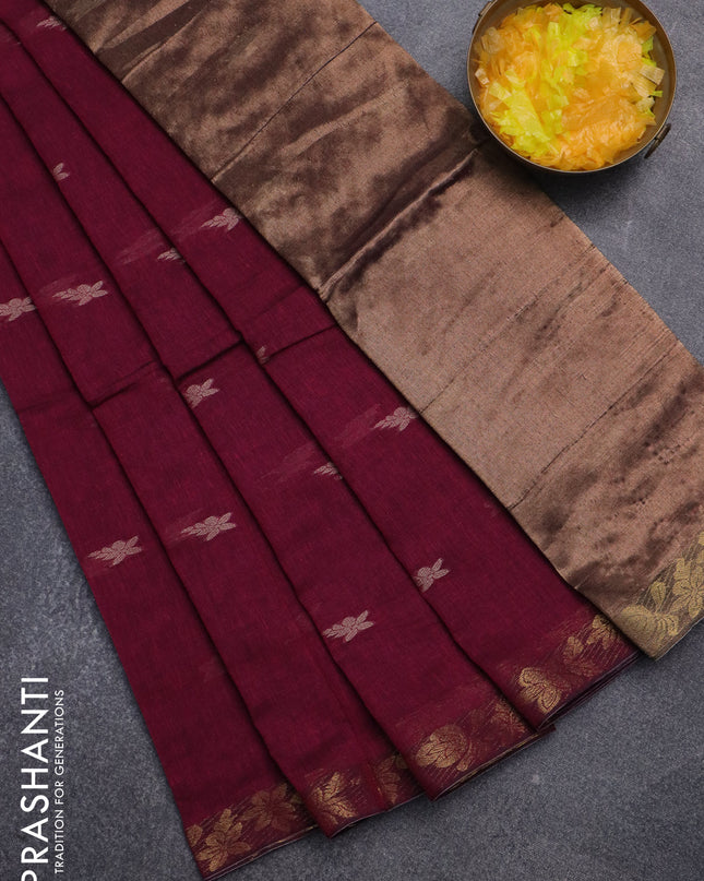 Bengal soft cotton saree dark magenta pink with thread woven buttas and zari woven border