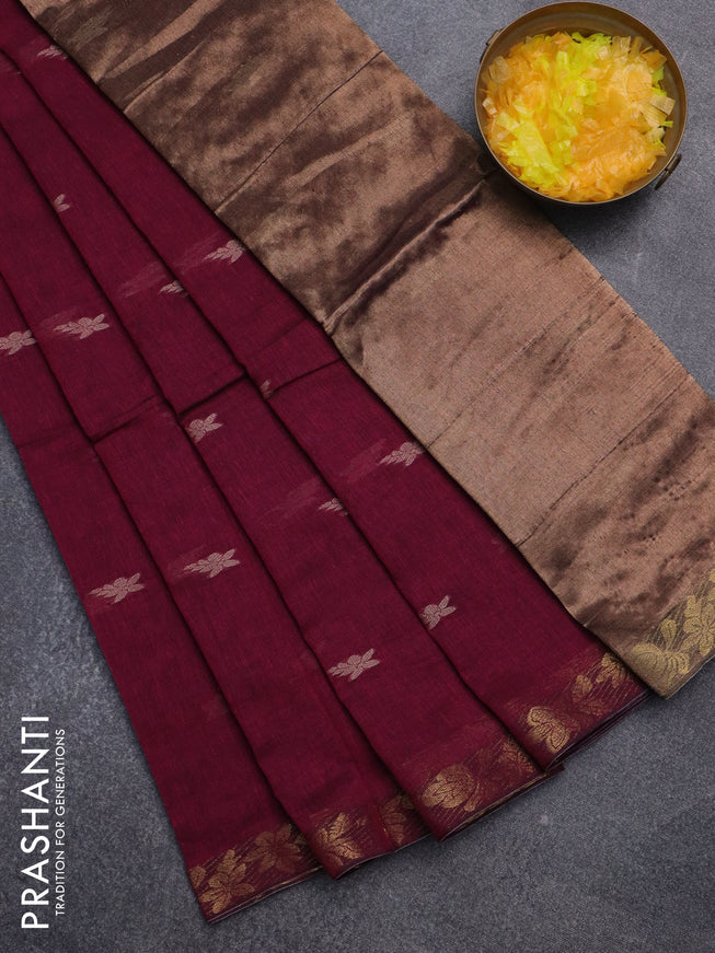Bengal soft cotton saree dark magenta pink with thread woven buttas and zari woven border