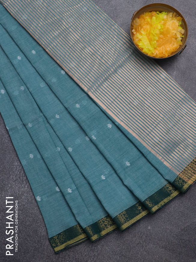 Bengal soft cotton saree teal green with thread woven buttas and zari woven border