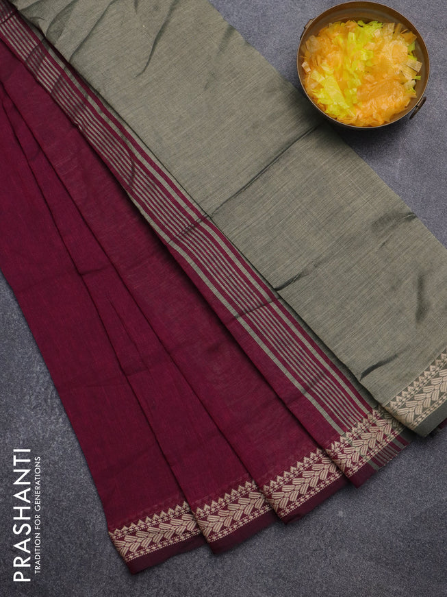 Bengal soft cotton saree dark magenta pink with plain body and thread woven border