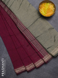 Bengal soft cotton saree dark magenta pink with plain body and thread woven border