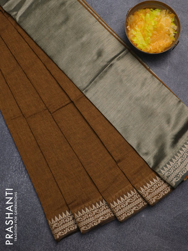 Bengal soft cotton saree dark mustard with plain body and thread woven border