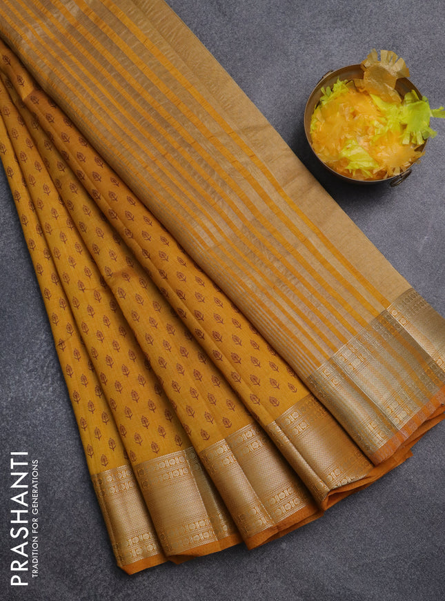 Semi raw silk saree mustard yellow with butta prints and zari woven border