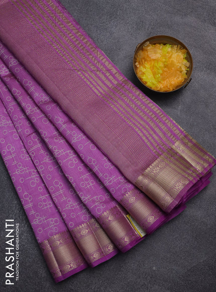 Semi raw silk saree lavender with allover prints and zari woven border