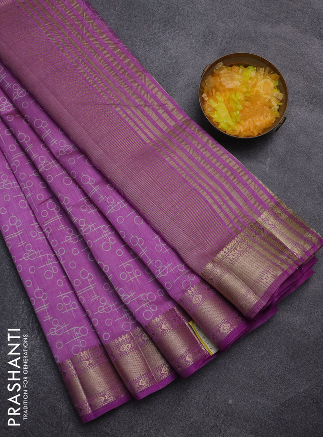 Semi raw silk saree lavender with allover prints and zari woven border