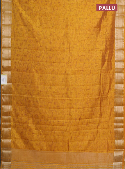 Semi raw silk saree mustard yellow with allover prints and zari woven border