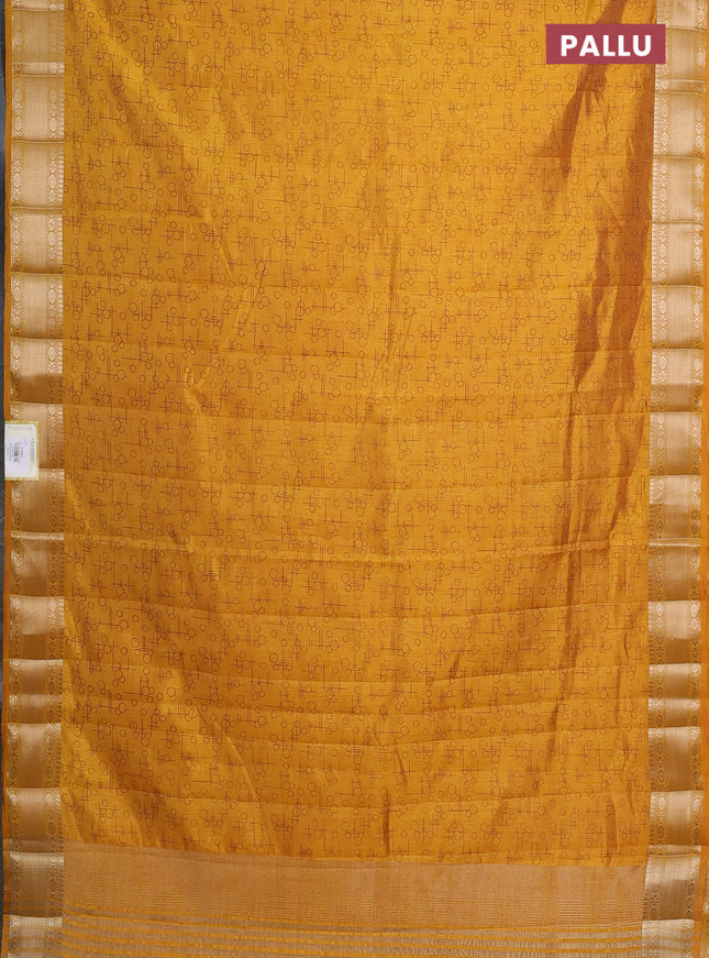 Semi raw silk saree mustard yellow with allover prints and zari woven border