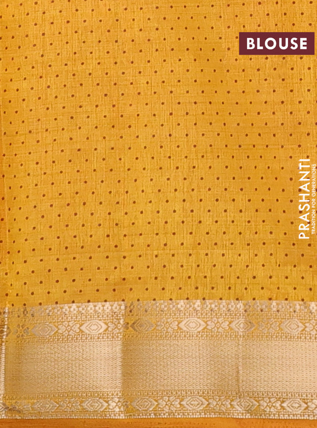 Semi raw silk saree mustard yellow with allover prints and zari woven border