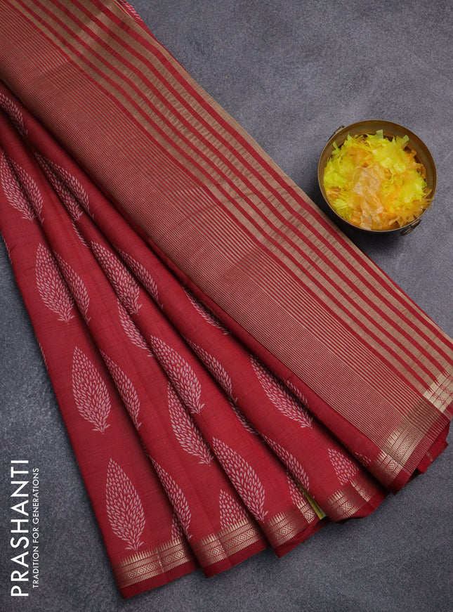 Semi raw silk saree maroon with allover butta prints and zari woven border