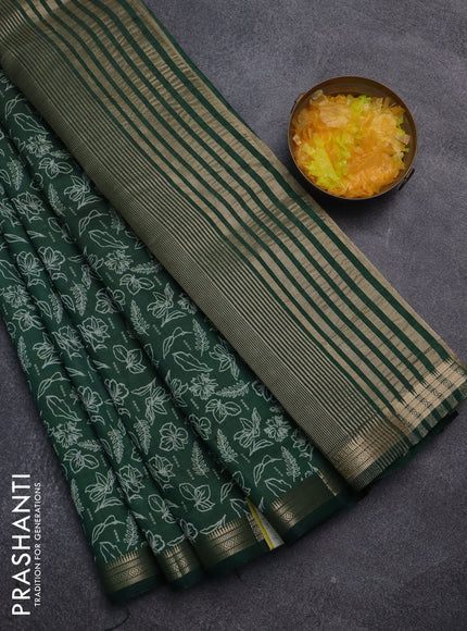 Semi raw silk saree dark green with allover prints and zari woven border