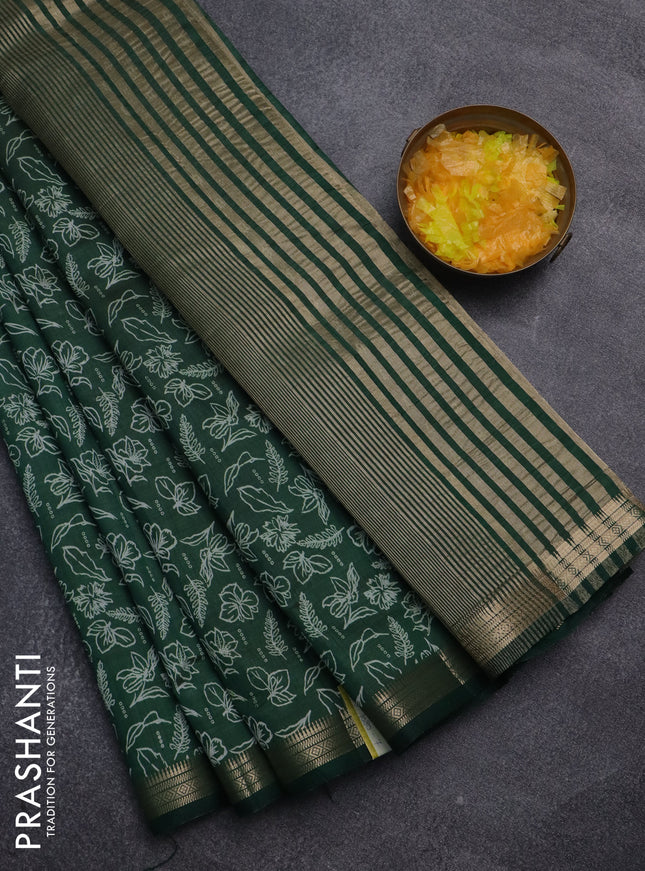 Semi raw silk saree dark green with allover prints and zari woven border