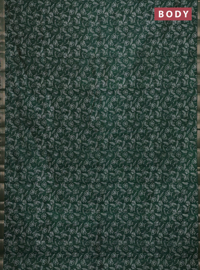 Semi raw silk saree dark green with allover prints and zari woven border
