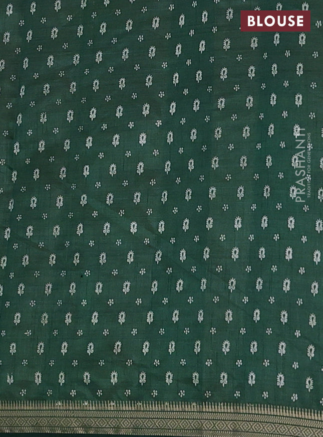 Semi raw silk saree dark green with allover prints and zari woven border