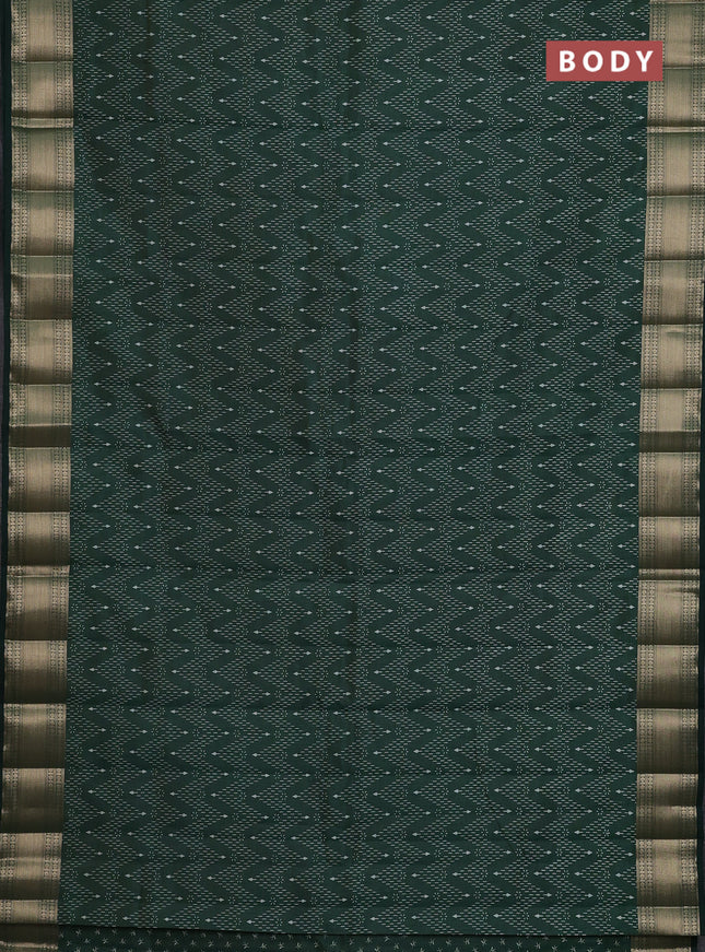 Semi raw silk saree bottle green with allover zig zag prints and zari woven border