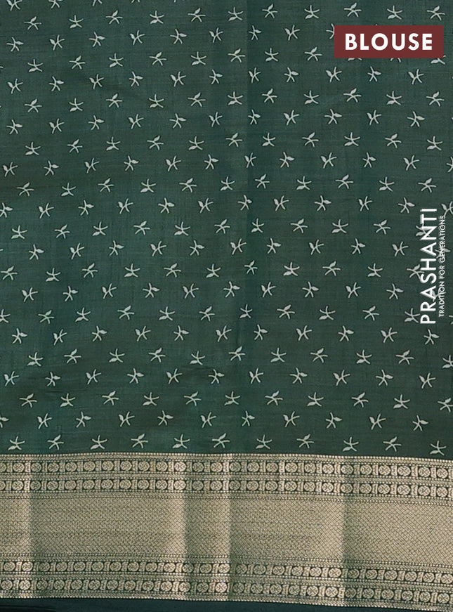 Semi raw silk saree bottle green with allover zig zag prints and zari woven border