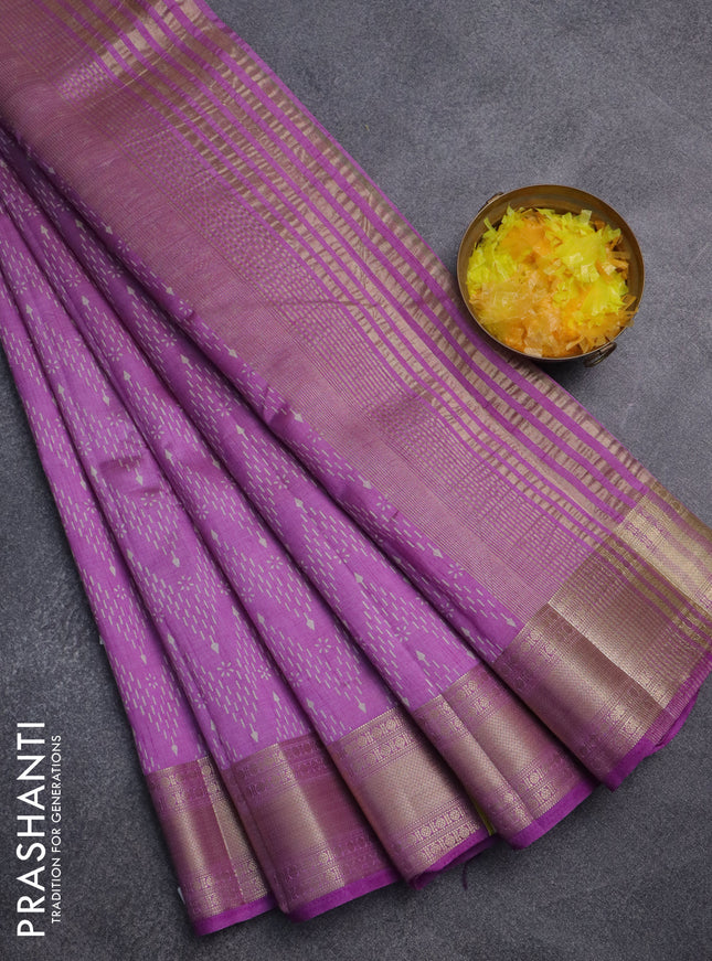 Semi raw silk saree lavender with allover zig zag prints and zari woven border