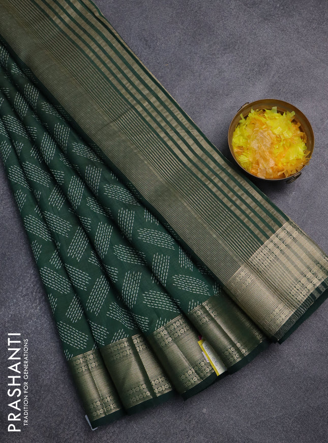 Semi raw silk saree bottle green with allover butta prints and zari woven border