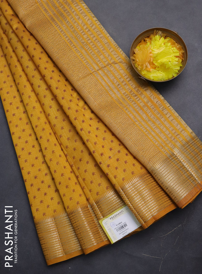 Semi raw silk saree mustard yellow with allover butta prints and zari woven border