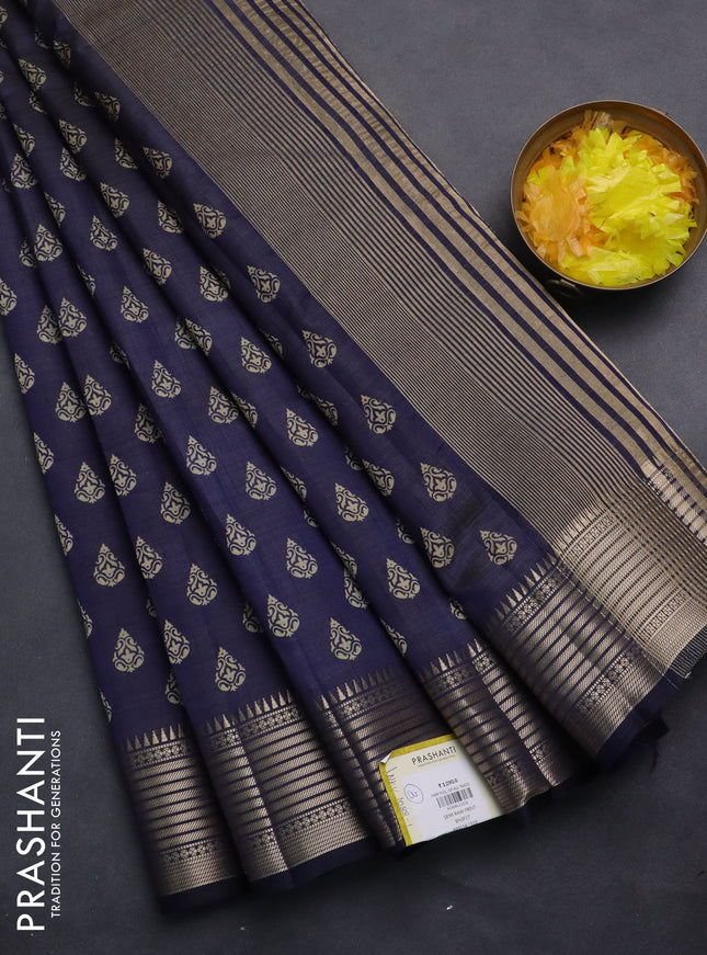 Semi raw silk saree navy blue with allover butta prints and zari woven border