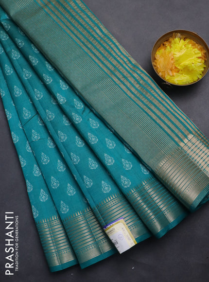 Semi raw silk saree teal green with allover butta prints and zari woven border
