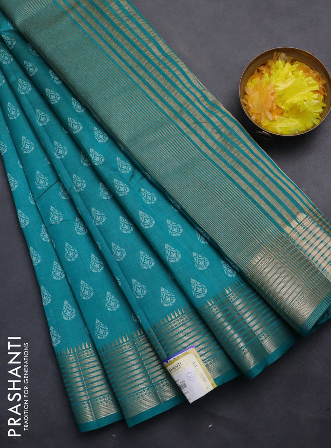 Semi raw silk saree teal green with allover butta prints and zari woven border