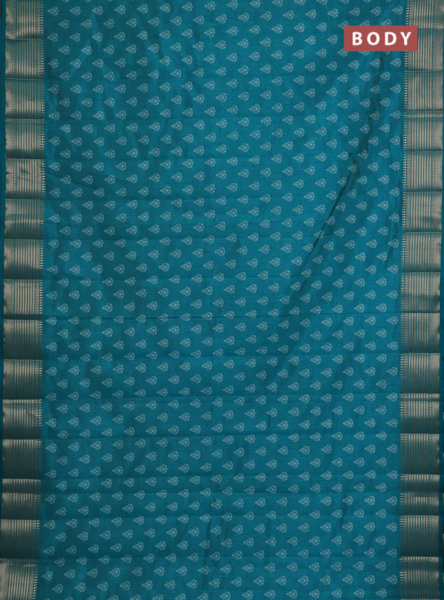 Semi raw silk saree teal green with allover butta prints and zari woven border