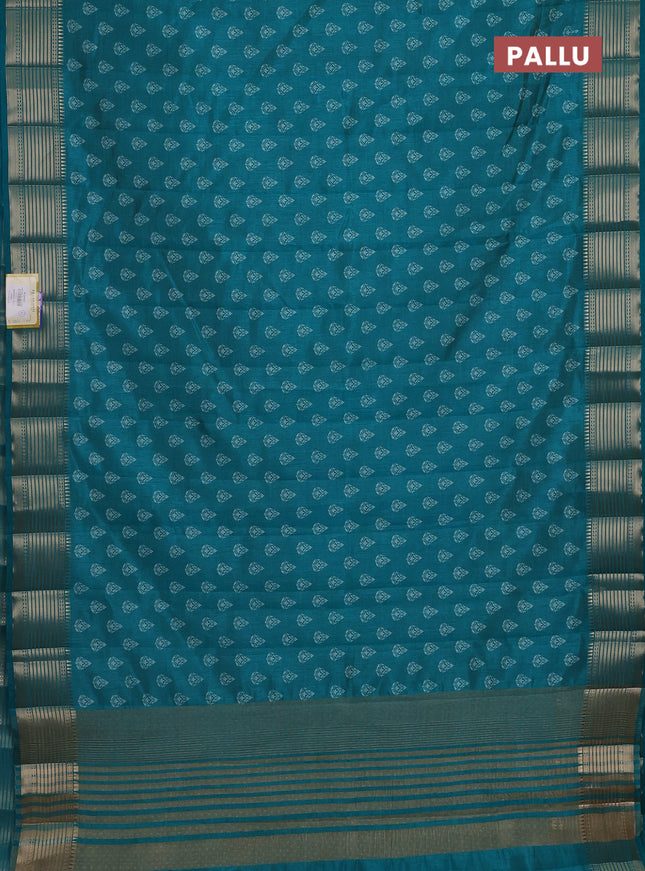 Semi raw silk saree teal green with allover butta prints and zari woven border