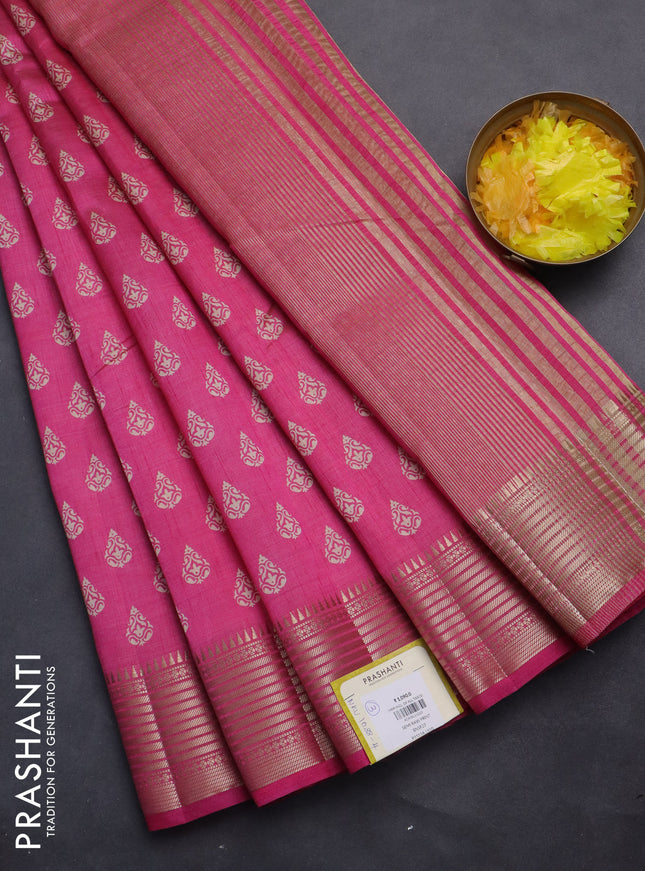 Semi raw silk saree pink with allover butta prints and zari woven border
