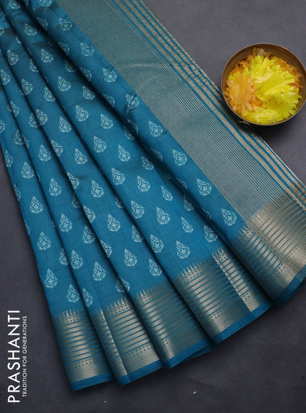 Semi raw silk saree cs blue with allover butta prints and zari woven border