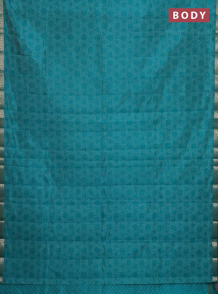 Semi raw silk saree teal green with allover geometric prints and zari woven border