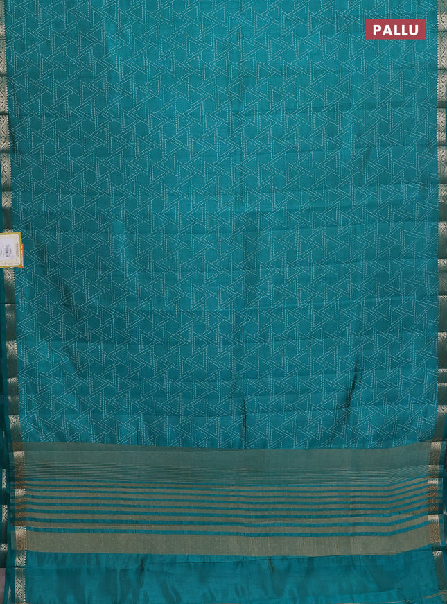 Semi raw silk saree teal green with allover geometric prints and zari woven border