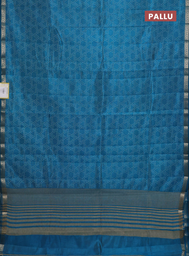 Semi raw silk saree peacock blue with allover geometric prints and zari woven border