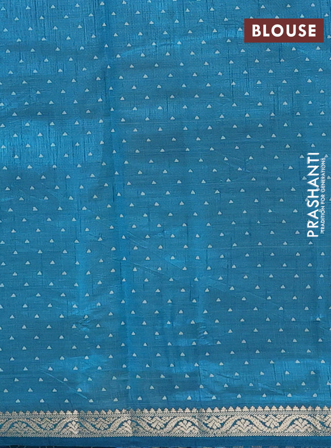 Semi raw silk saree peacock blue with allover geometric prints and zari woven border