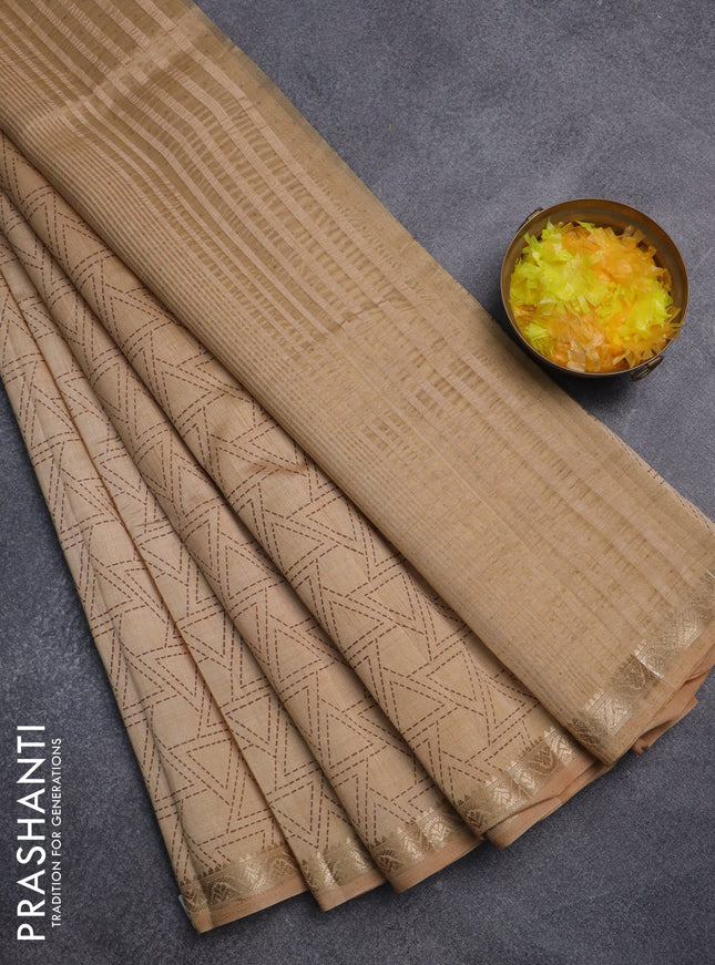 Semi raw silk saree sandal with allover geometric prints and zari woven border