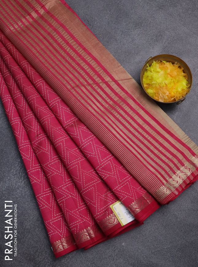 Semi raw silk saree pink with allover geometric prints and zari woven border