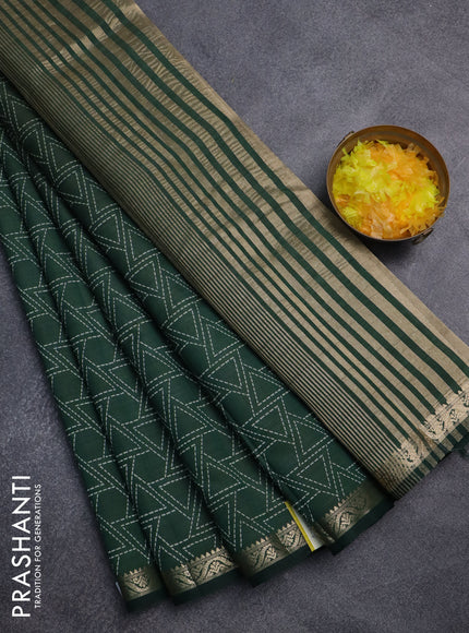 Semi raw silk saree bottle green with allover geometric prints and zari woven border