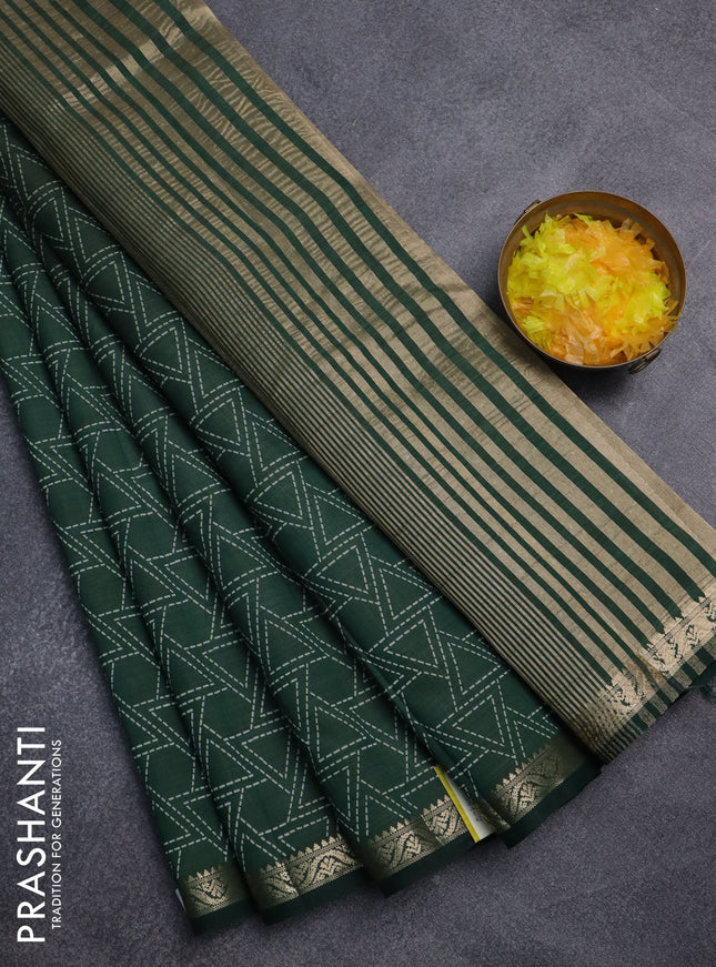 Semi raw silk saree bottle green with allover geometric prints and zari woven border