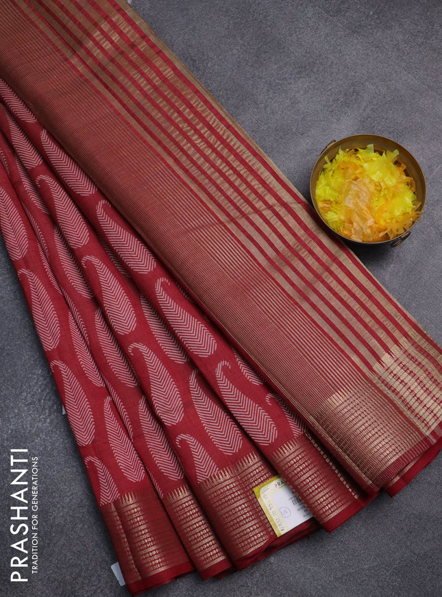 Semi raw silk saree maroon with allover paisley butta prints and zari woven border