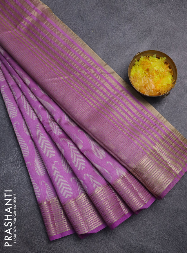 Semi raw silk saree lavender with allover paisley butta prints and zari woven border
