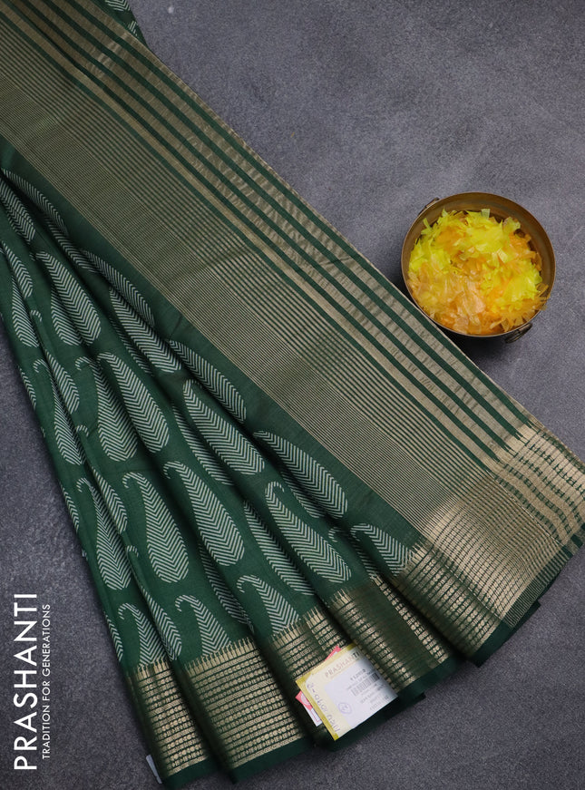 Semi raw silk saree bottle green with allover paisley butta prints and zari woven border