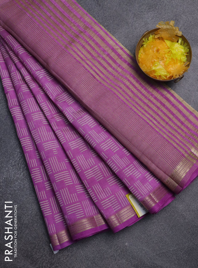 Semi raw silk saree lavender with allover geometric prints and zari woven border