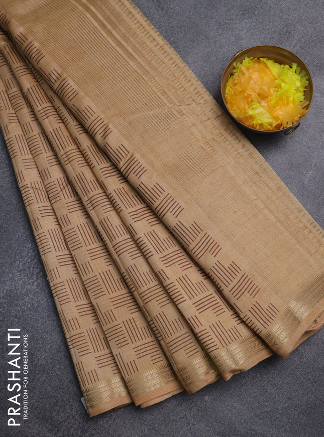 Semi raw silk saree sandal with allover geometric prints and zari woven border