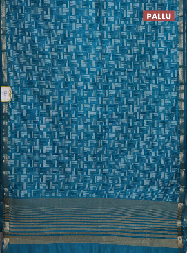 Semi raw silk saree teal blue with allover geometric prints and zari woven border