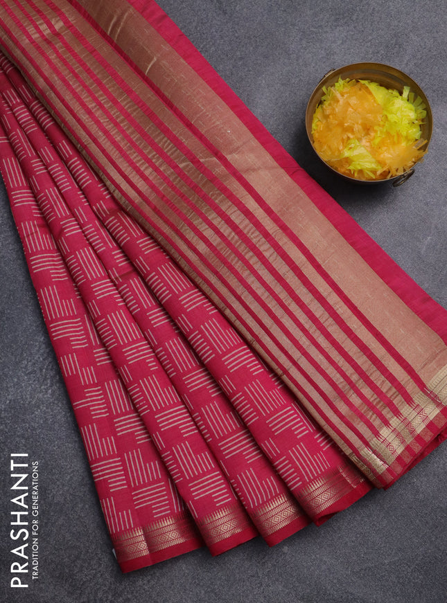 Semi raw silk saree pink with allover geometric prints and zari woven border
