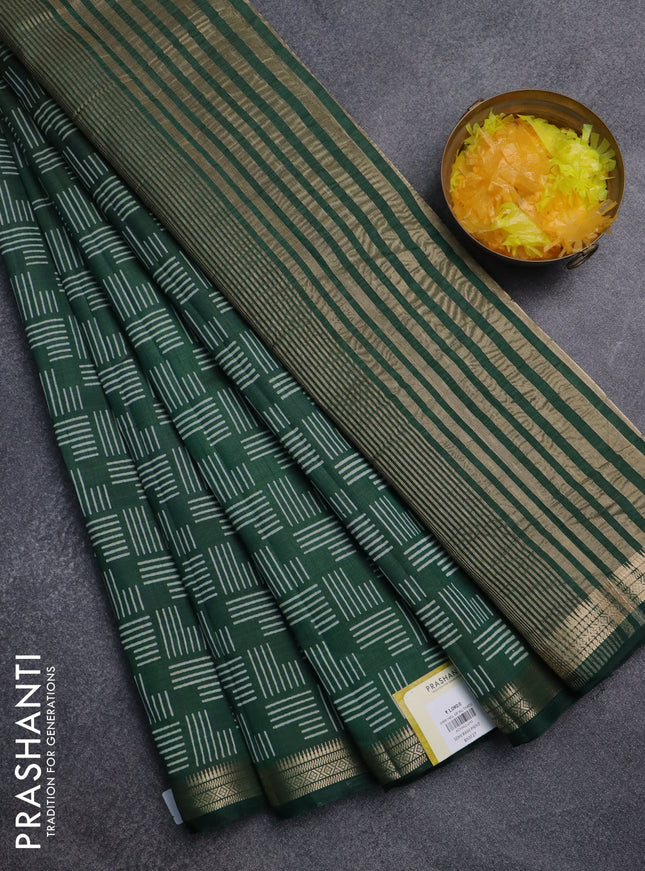 Semi raw silk saree bottle green with allover geometric prints and zari woven border