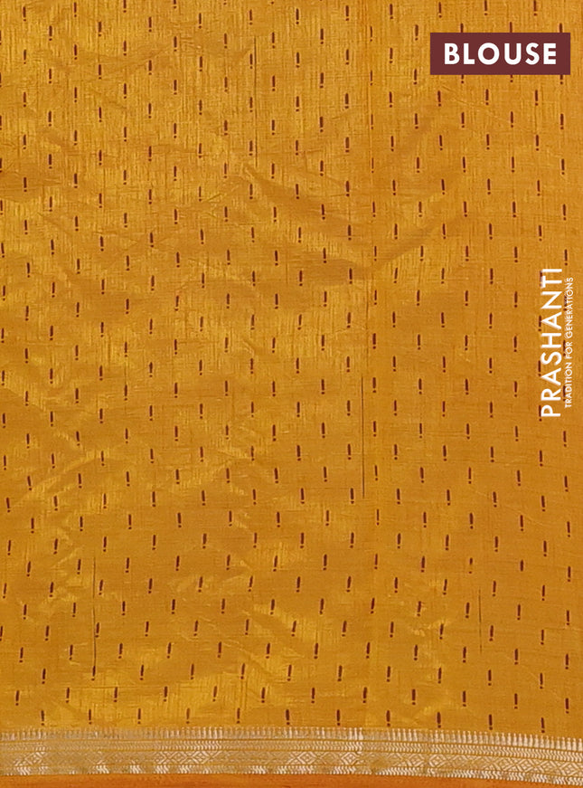 Semi raw silk saree dark mustard with allover geometric prints and zari woven border