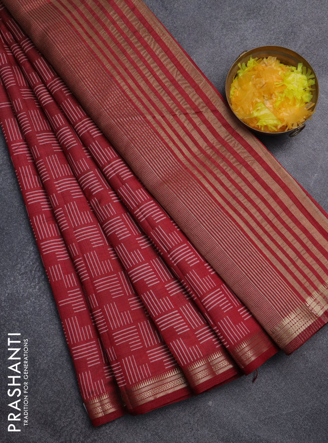 Semi raw silk saree maroon with allover geometric prints and zari woven border