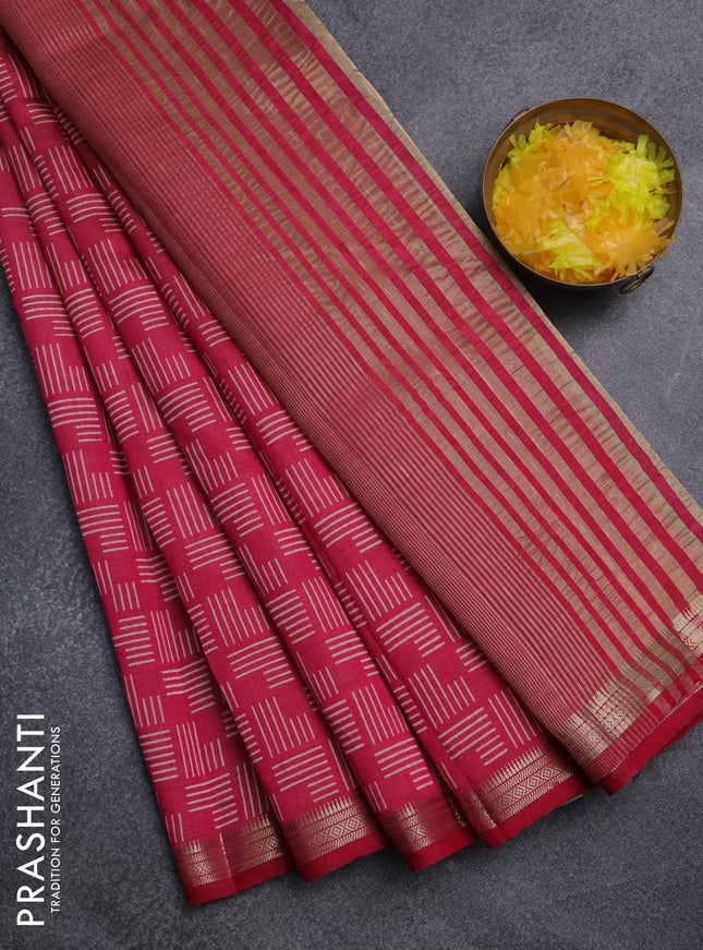 Semi raw silk saree pink with allover geometric prints and zari woven border