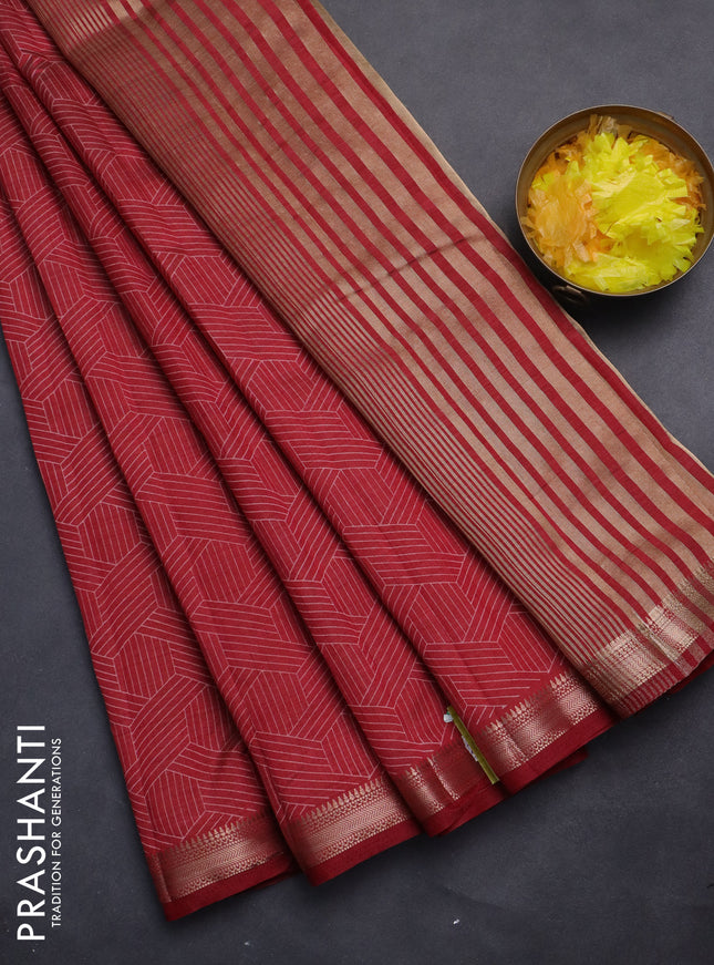 Semi raw silk saree maroon with allover geometric prints and zari woven border
